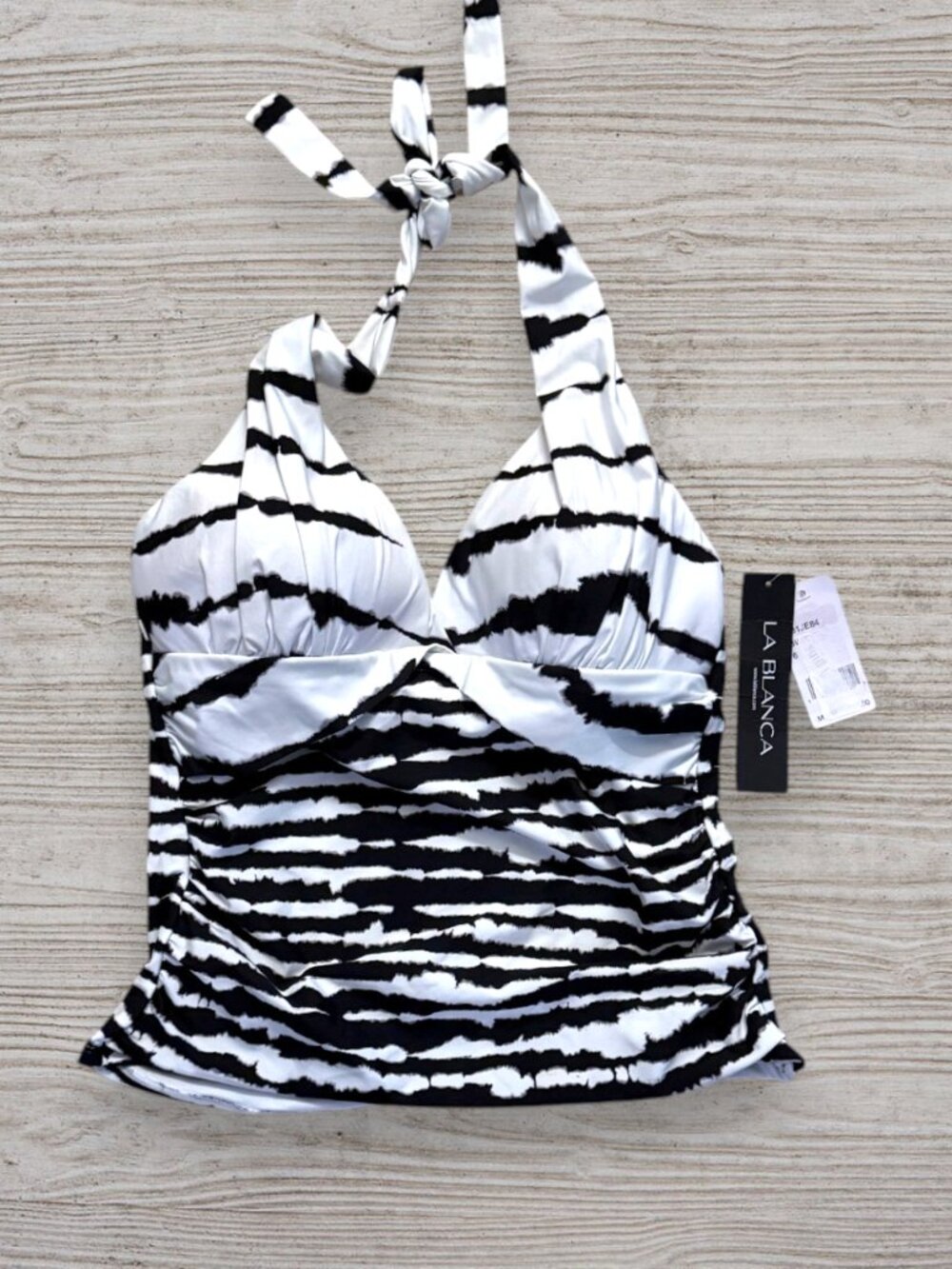 La Blanca Black White Abstract Stripe Halter Tankini Top NWT Size 6